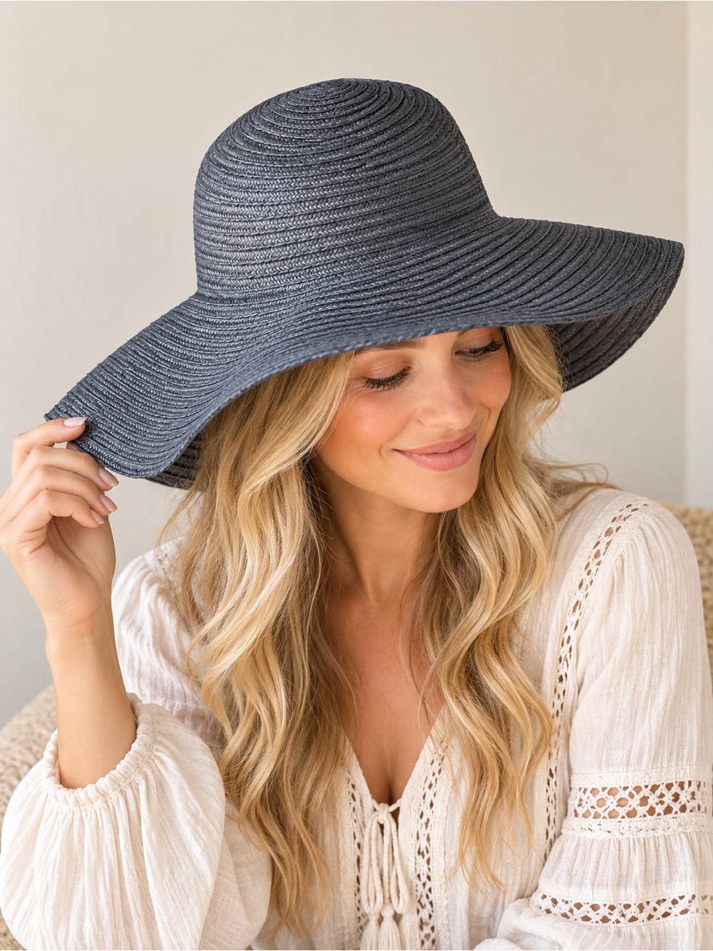 Time and Tru Wide Brim Sun Hat - Black Boho Aesthetic